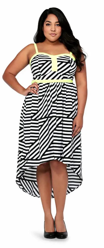 Black-White pattern neon trim hi-lo dress