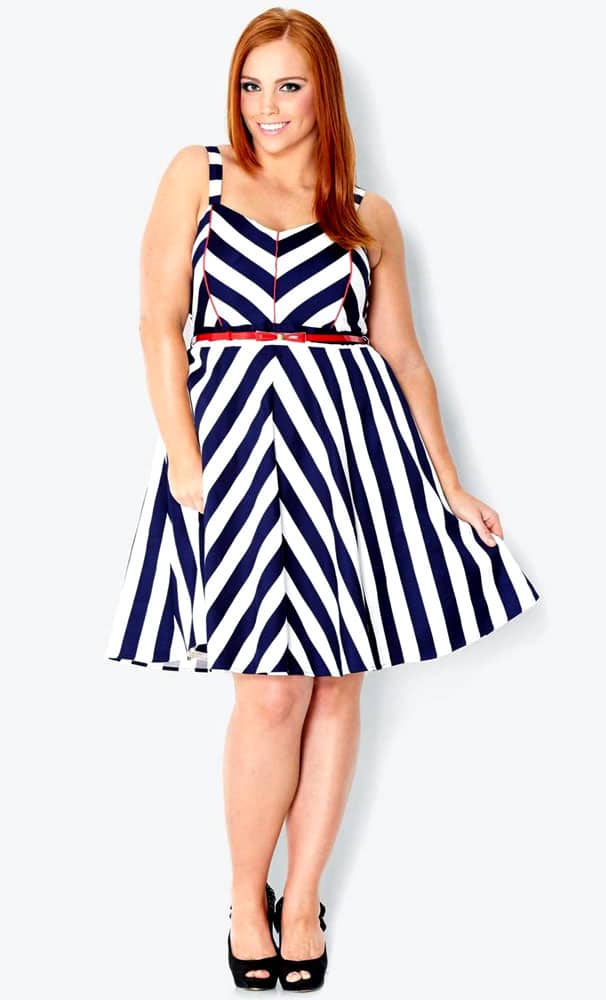 navy white chevron dress red belt - CurvyPlus