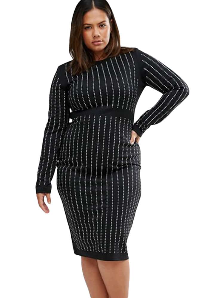 Black-Big-Girls-Rhinestone-Stripes-Long-Sleeve-Dress-LC61388-2-2 ...