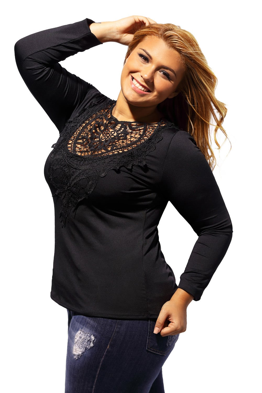 BlackLongSleevesPlusSizeCrochetLaceTopLC2595628 CurvyPlus