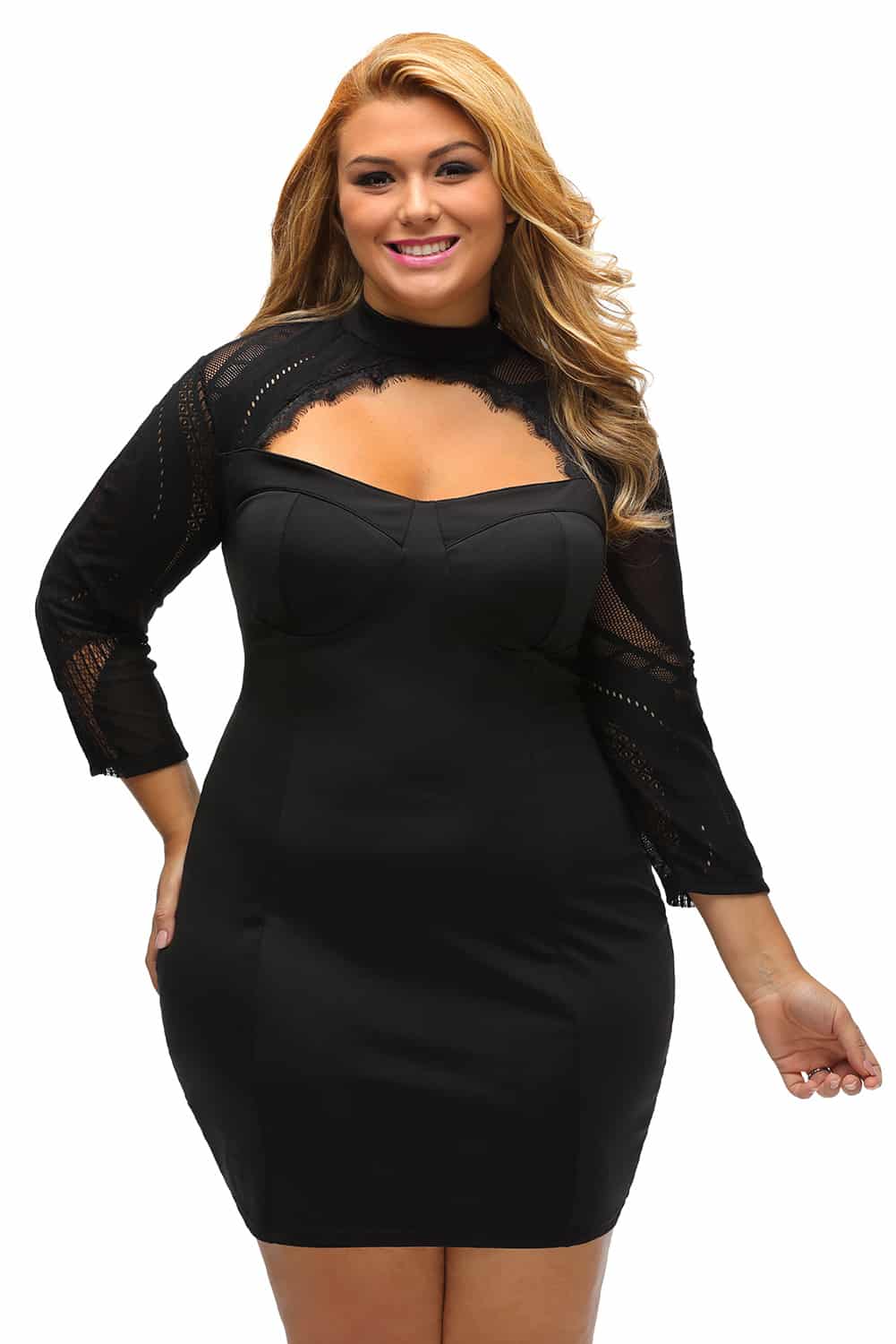 Black Sheer Lace Cutout Long Sleeve Curvy Dress Lc22889 2 4 Curvyplus