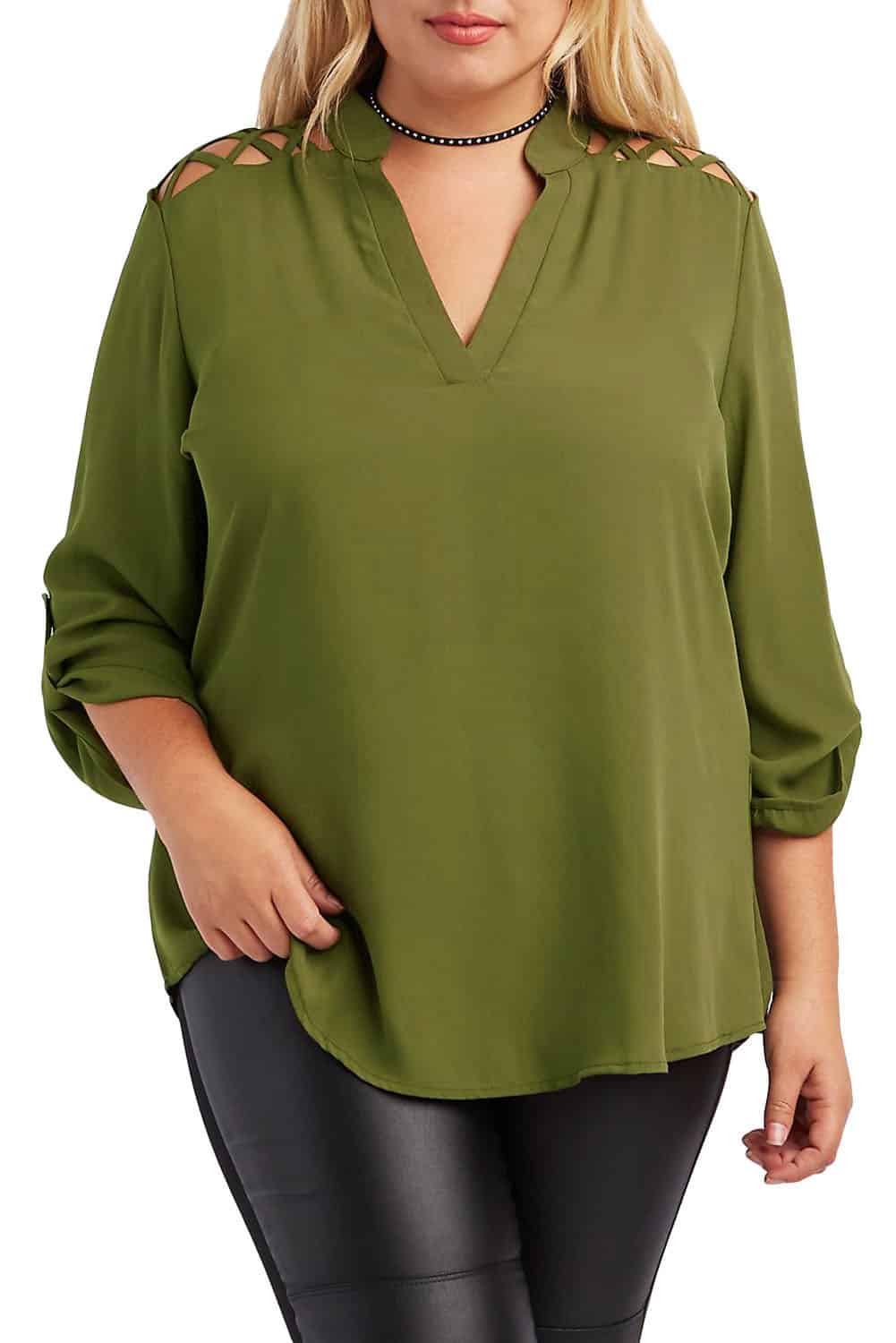 Green Plus Size Caged Shoulder Split Collar Blouse LC25885-9 - CurvyPlus