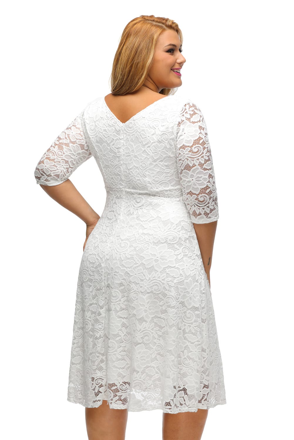 White-Floral-Lace-Sleeved-Fit-and-Flare-Curvy-Dress-LC61395-1-4 - CurvyPlus