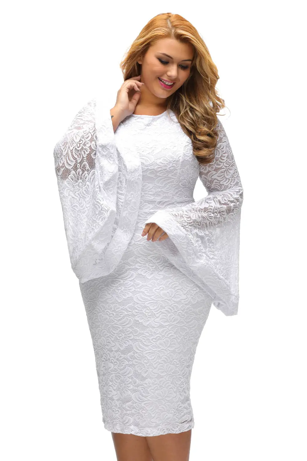 White-Plus-Size-Bell-Sleeves-Lace-Dress-LC61396-1-6 - CurvyPlus