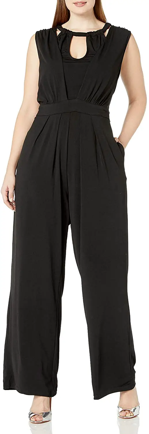 Plus Size Sleeveless Cropped Wide Leg Jumpsuit Belted Side Pockets 